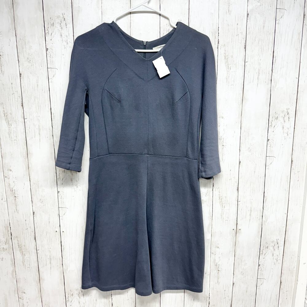 Carven Dress Womens Size Medium Midi V-Neck 3/4 Sleeve Grey Cotton Blend Work